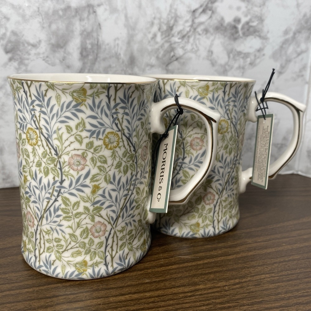 2 Morris & Co Premium Porcelain Gold Rim Mugs Floral Pastel Green Blue NEW